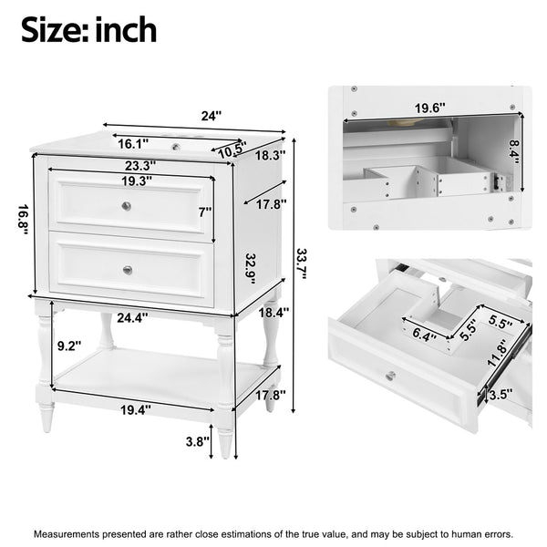 English Elm 24'' Retro Bathroom Vanity Mdf Cabinet with Ceramic Sink Open Shelf and 2 Drawers White N710P405414K