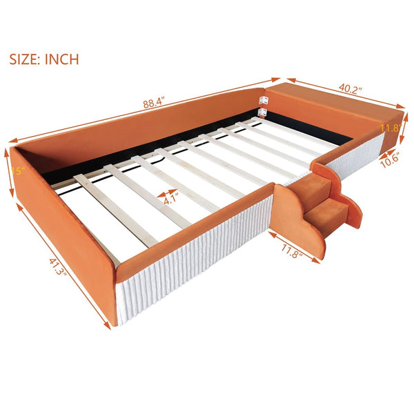 English Elm Twin Velvet Kids Daybed with Built-in Stairs Padded Guardrails and Gas Lift Storage Brown+White SF000201AAD