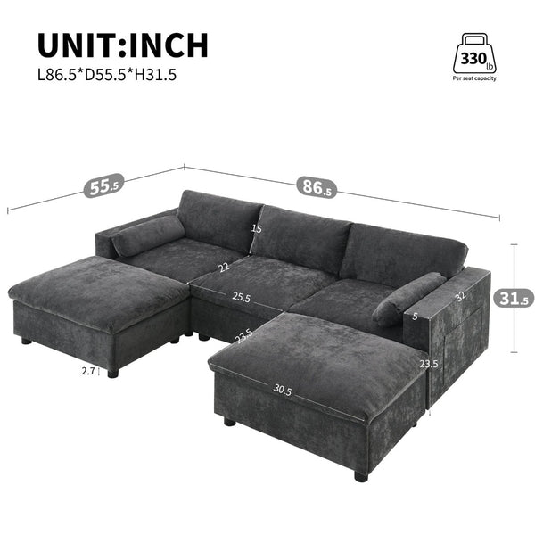 English Elm [video]86.5'' Chenille U-shaped Sectional with Dual Ottomans and Storage Pockets for Living Rooms Dark Gray N723S7723E
