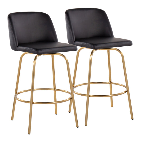English Elm Toriano 26" Contemporary Fixed-Height Counter Stool with Swivel, Gold Metal Base and Faux Leather Seat Black B202S00420