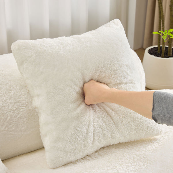 English Elm white plush curved multi-seater sofa with pillows — Nordic skin-friendly fabric, space-saving design W3612S00008