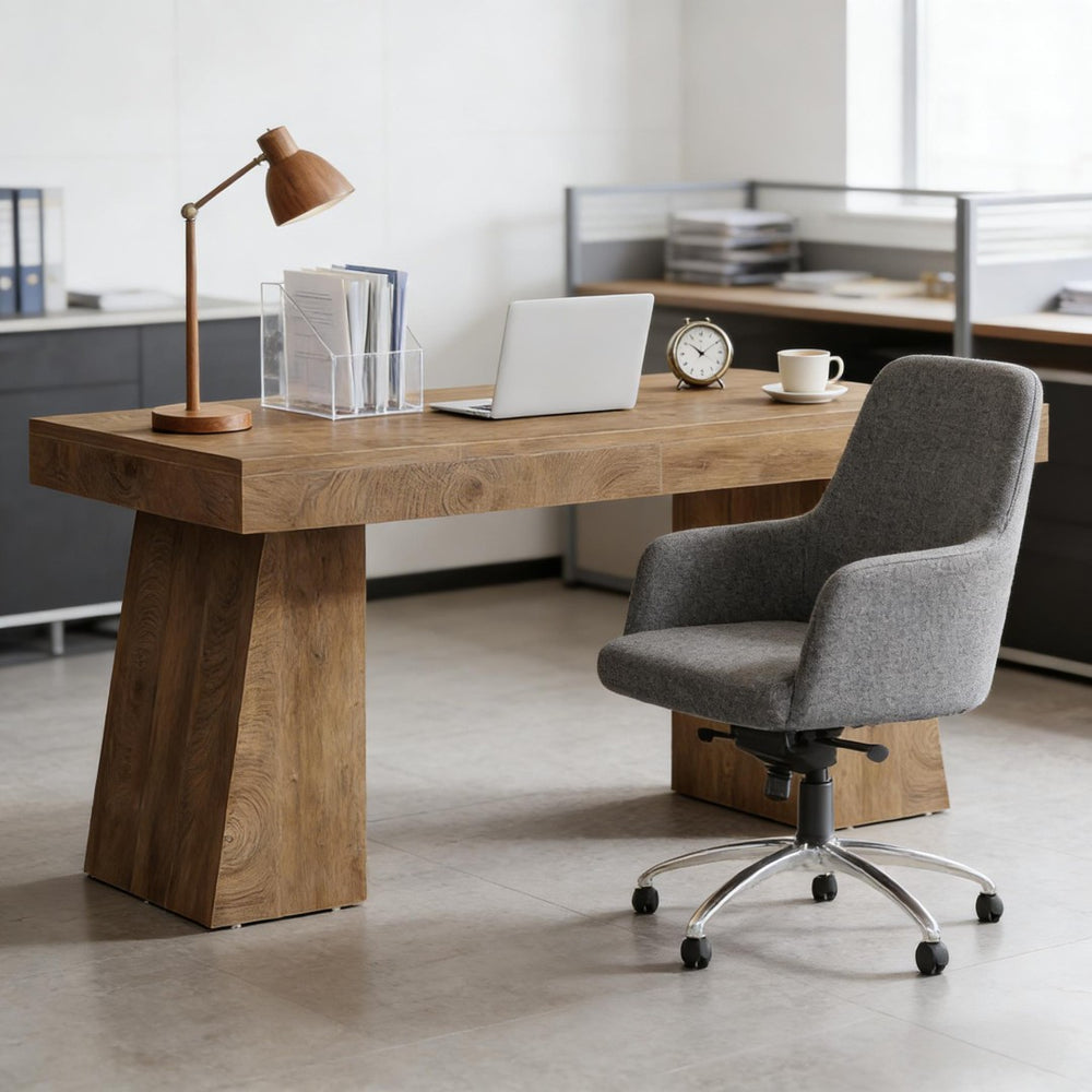 English Elm Writing Desk with Five Drawers Reversible Cabinet Home Office Vanity Workstation Light Brown T3971P452762