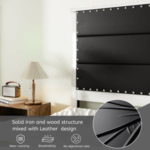 English Elm King Upholstered Bed Frame with LED Lights & Charging Station, Rivet Detail, Wood Slat Platform Antique White+Gray W636P176753