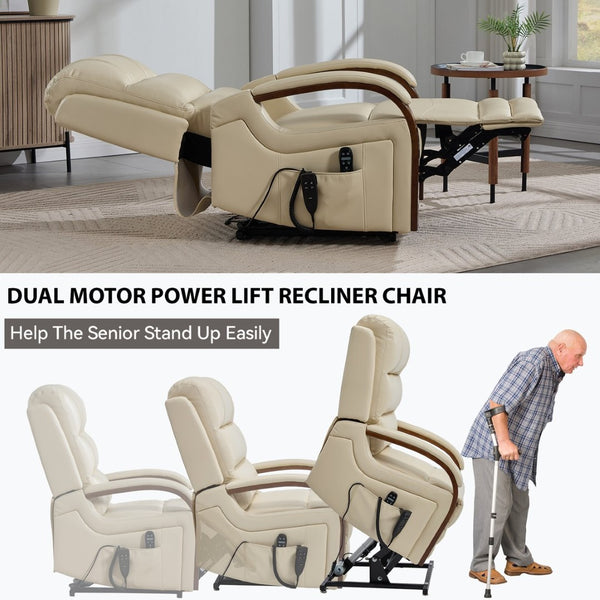 English Elm Power Lift Recliner with Leatheraire Upholstery Dual Motor Heat Massage Wood Armrests W1803S00082