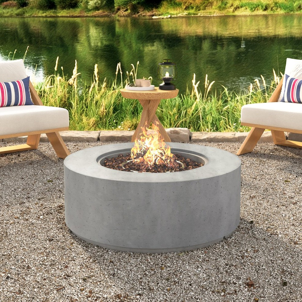 English Elm U_style Round Mgo Propane Fire Pit 50000 Btu Sculptural Outdoor Patio Table with Lava Rocks N711P410554E