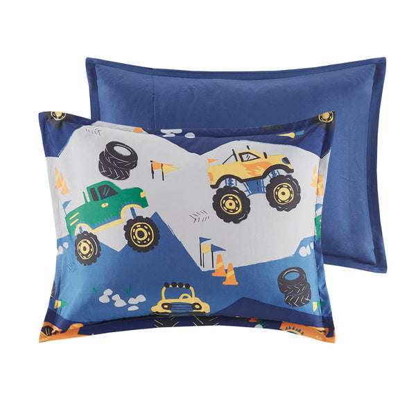 JLA Home Mi Zone Kids - Monster Truck Comforter Set with Plush Applique Pillow, Antimicrobial, Soft Reversible Twin Bedding 86 L x 86 W x 1H MZK10-165