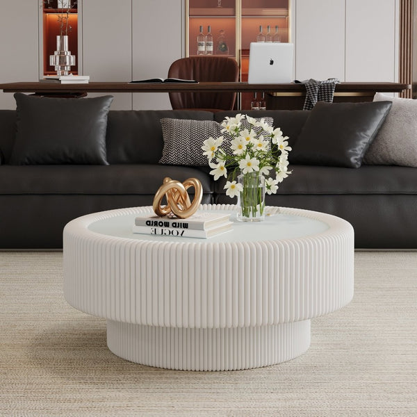 English Elm 31.5" Fluted Leather Round Coffee Table Tempered Glass Lift Top Hidden Storage Modern White W3158P450848