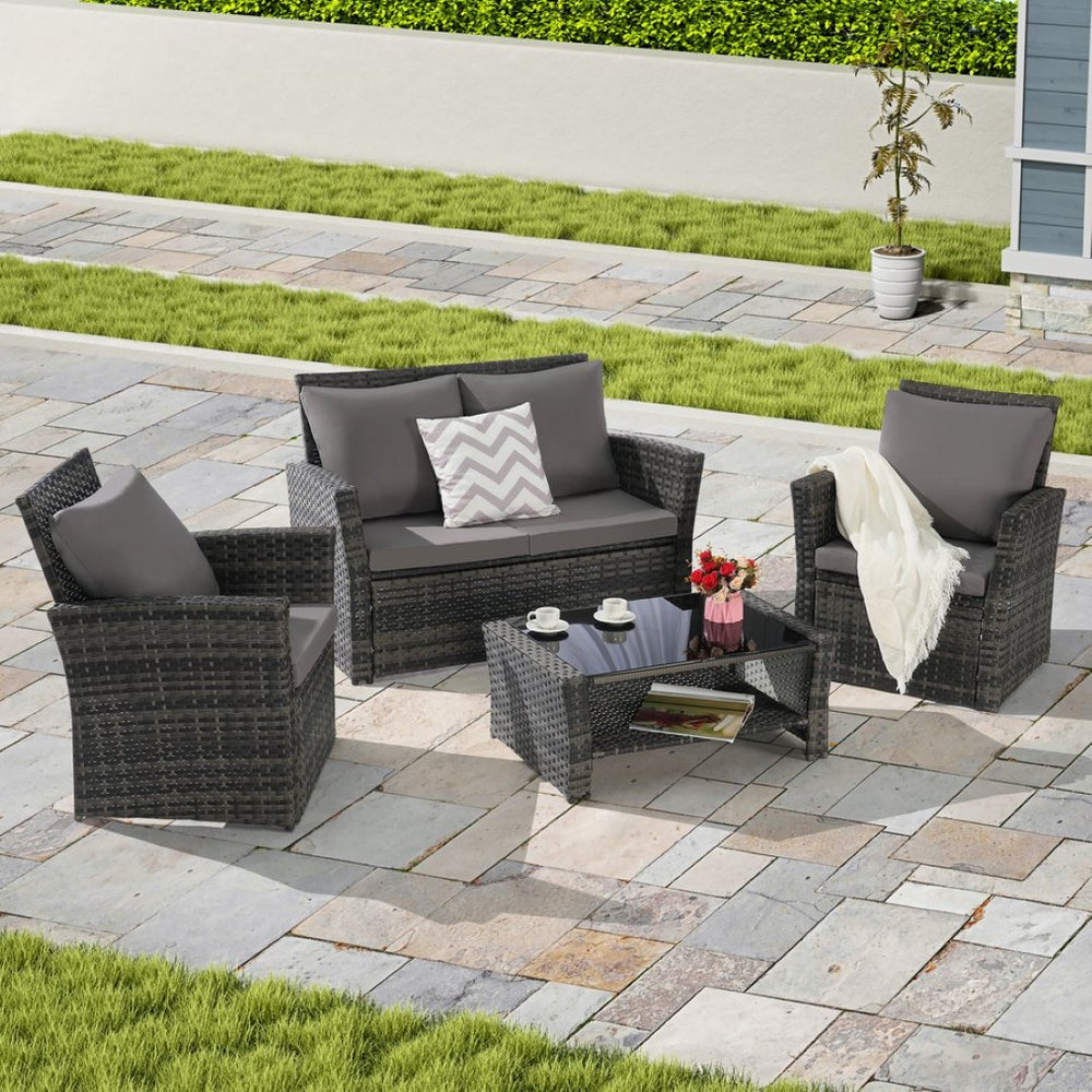 English Elm 4 Piece Outdoor Pe Rattan Wicker Patio Set with Tempered Glass Table Poolside Dark Gray W874P266299