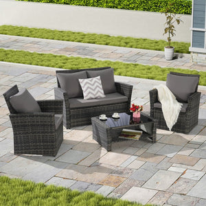 English Elm 4 Piece Outdoor Pe Rattan Wicker Patio Set with Tempered Glass Table Poolside Dark Gray W874P266299