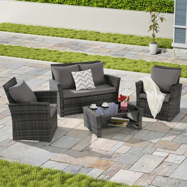 English Elm 4 Piece Outdoor Pe Rattan Wicker Patio Set with Tempered Glass Table Poolside Dark Gray W874P266299