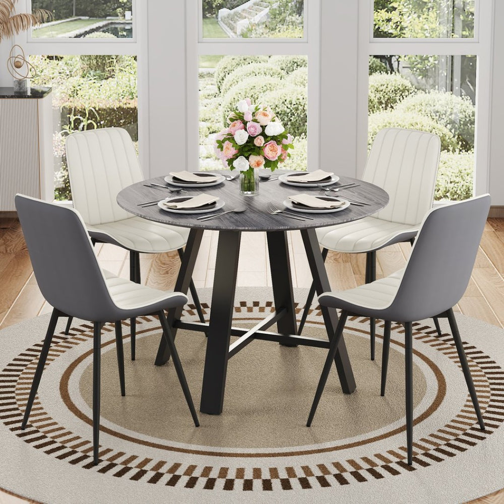 English Elm Table Modern Minimalist 42" Round Dining Set With 4 Ergonomic Pu Leather Chairs In Gray & White W1151S03394-GIGA