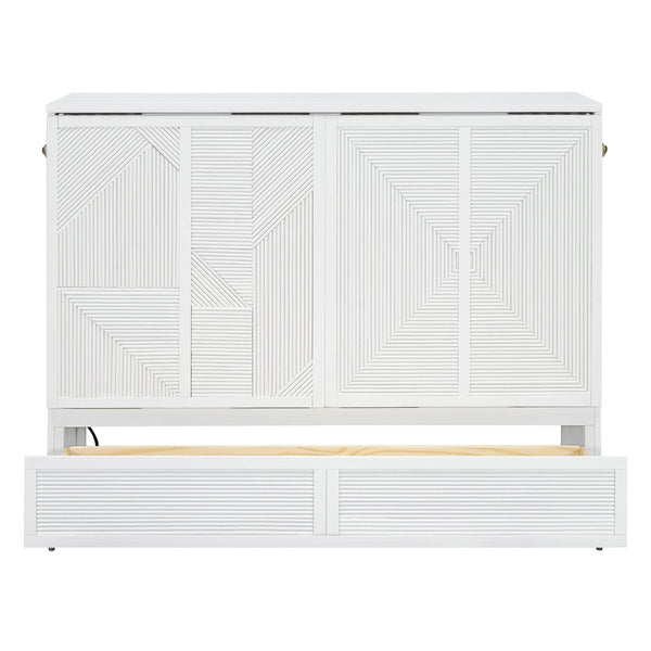 English Elm Full Size Murphy Bed Cabinet with Usb Charging Drawer and Rolling Base for Studios LP000597AAK
