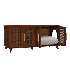 English Elm Lars Rubberwood Rattan Dog Crate Cabinet Stylish Pet Kennel for Living Room Walnut N775P397559W