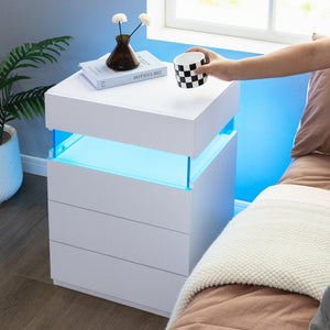 English Elm Nightstand with Led Backlighting Acrylic Panel Four Drawers Modern Bedroom Side Table White W2178P246212