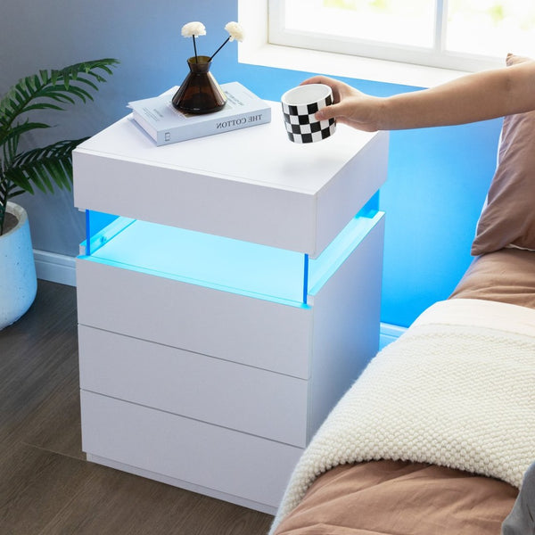 English Elm Nightstand with Led Backlighting Acrylic Panel Four Drawers Modern Bedroom Side Table White W2178P246212
