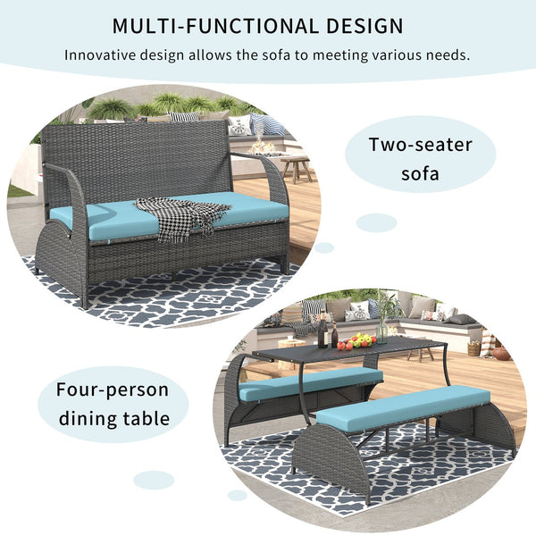 English Elm U_STYLE 2-in-1 Convertible Picnic Upholstered Bench Table — Portable Outdoor Loveseat With Table, 700lb Capacity, Weather-Resistant HDPE Frame, Cushioned Seating for Garden, Patio, Porch, Backyard Blue WF321803AAC