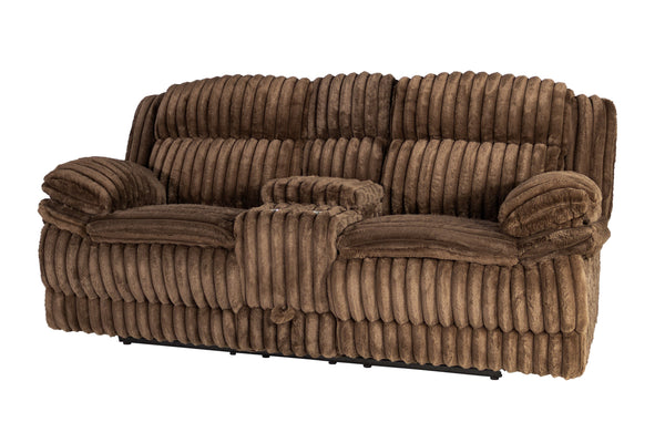 English Elm Manual Motion Loveseat with Fur-Like Corduroy Upholstery, Plush Arms, Dual Cup Holders & Storage Chocolate 33 L x 82 W x 28 H B089P296897