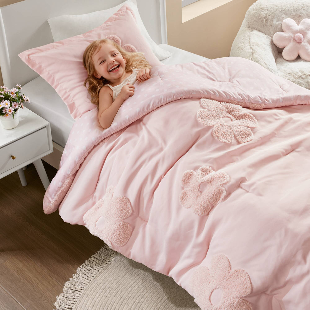 JLA Home Urban Habitat Kids - Floral Reversible Tufted Chenille Comforter Set with Pink Floral & Polka Dot Reverse, Hypoallergenic Cozy 88 L x 68 W x 1H UHK10-0236