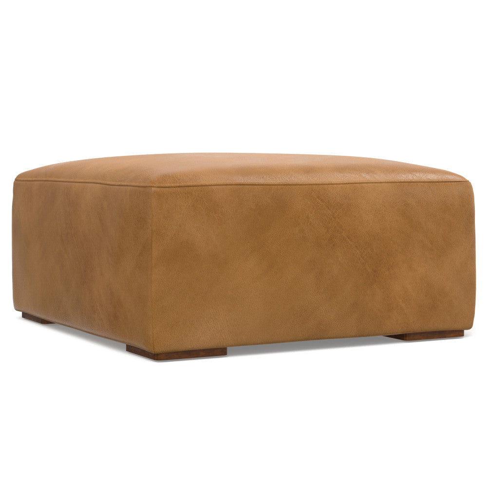 English Elm Rex Brown Sienna Leather Ottoman — Modern Boxy Footrest or Coffee Table, Solid Wood Frame, 36.6" x 34.7" B136P203410