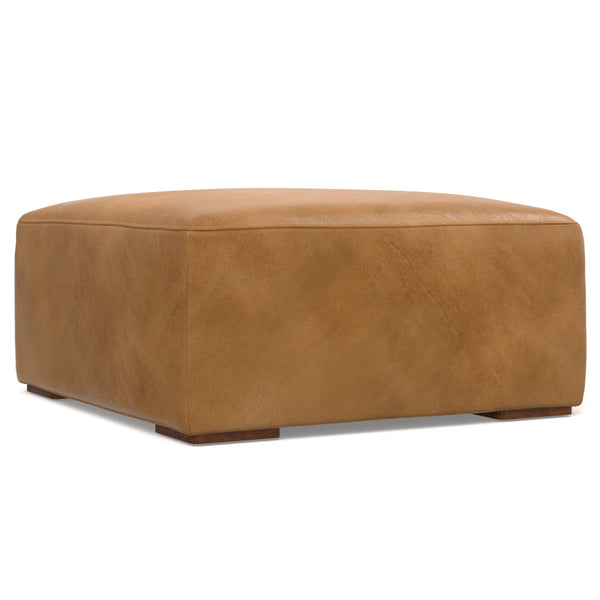 English Elm Rex Brown Sienna Leather Ottoman — Modern Boxy Footrest or Coffee Table, Solid Wood Frame, 36.6" x 34.7" B136P203410