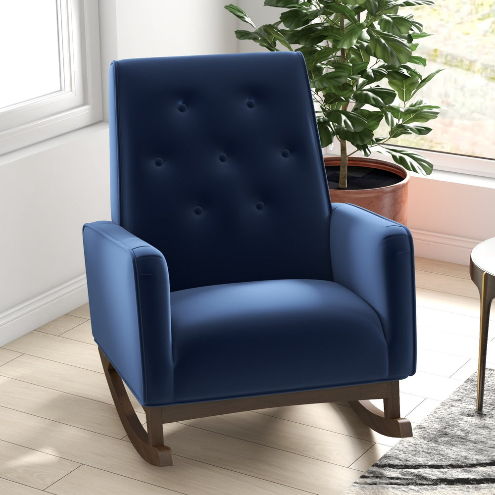 English Elm Ashcroft Furniture - Demetrius Mid-Century Solid Wood Rocking Chair with Velvet Microfiber Upholstery and Plush Foam Cushion Blue B183P201825