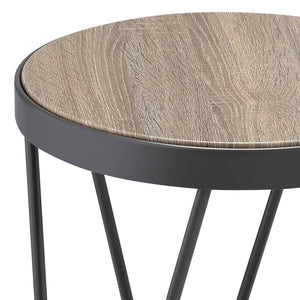 English Elm Weathered Grey Oak Round End Table with Black Metal Trim & Hairpin Legs — Rustic Chic Accent Table B062P186467