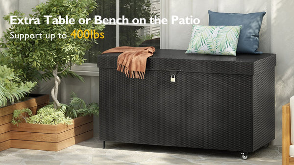 English Elm K&K 200 Gallon Wicker Deck Box with Lockable Lid, Hydraulic Pistons, Wheels, Weatherproof Storage Black N707P245457B