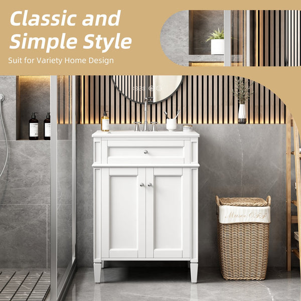 English Elm 24" Bathroom Vanity with Ceramic Basin, French-Inspired Accent Carvings, Soft-Close Doors & Storage White N710P293309K