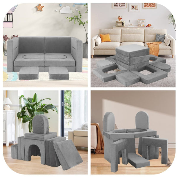 English Elm 12 Piece Modular Foam Play Couch Set Velvet Convertible Sofa Fort for Kids Playroom Light Gray T5880P493403