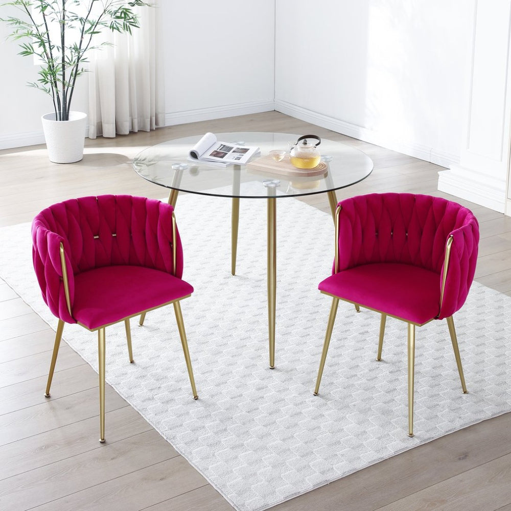 English Elm Modern Woven Velvet Dining Chairs with Gold Legs Tufted Glam Seating Set of 2 W1117P440613