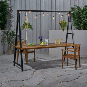 Christopher Knight Home® - Noble House - Huckleberry Outdoor Acacia Wood 88.5" Dining Table with Iron Plant Hanger