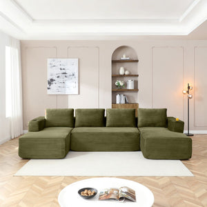 English Elm 132" Modular U-shaped Corduroy Sectional with Deep Seat Cupholders and Side Pocket W1117S00344
