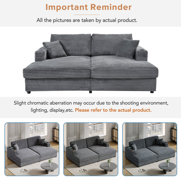 English Elm 86.5" Oversized Loveseat Chaise Lounge Sectional Sofa Bed Corduroy with USB Ports, Cup Holders & Pillows Dark Gray N719P232602R