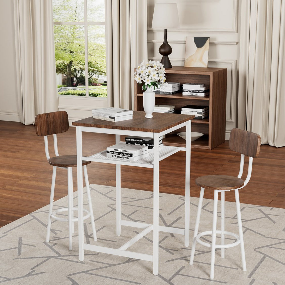 English Elm Bar bar table set of 3 with 2 backrest stools and partition — durable iron frame, modern counter dining solution beige brown W578P303857