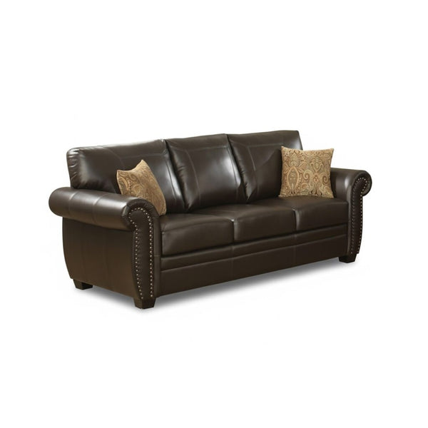 English Elm Tranditional Vintage Dark Brown Leather Sofa - 3-Seater With Curved Armrests & 2 Pillows For Comfort B347P408523-GIGA