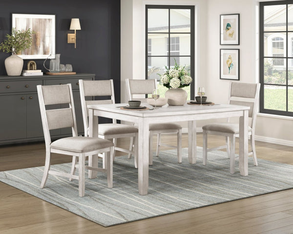 English Elm Modern Farmhouse 5 Piece Dining Set Acacia Wood Antique White Four Upholstered Chairs B011S02061