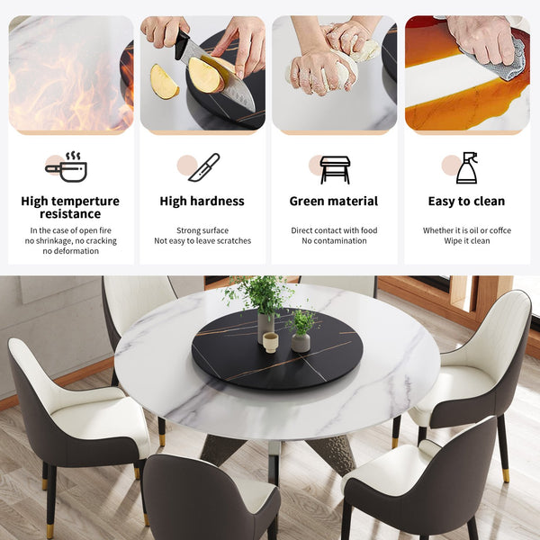 English Elm 59.05" Round Marble Dining Table With Silver Base, Lazy Susan, Seats 6-8, Modern Two-Tone Design W1535S00395