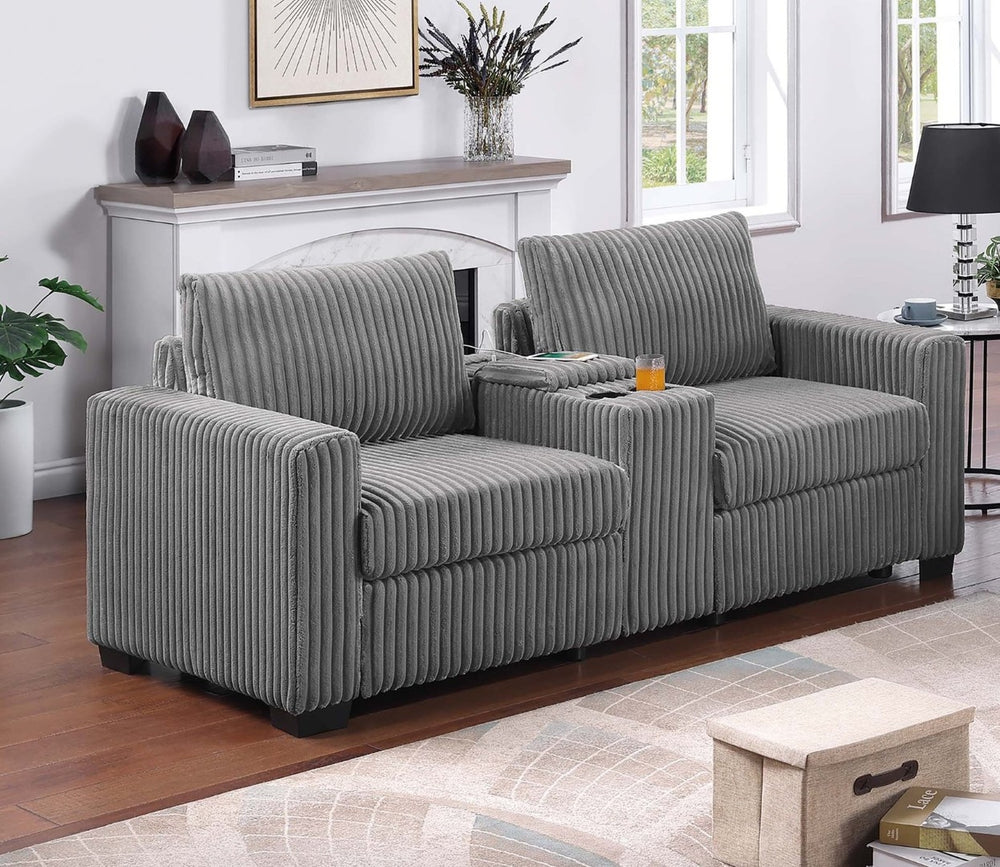 English Elm Modern Corduroy Sofa and Loveseat Set with Cup Holders Charging Station Living Room Smoke B011S02206