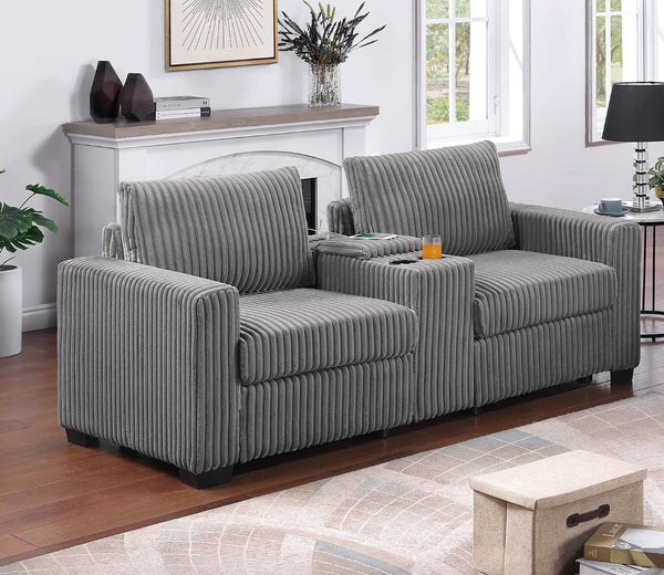 English Elm Modern Corduroy Sofa and Loveseat Set with Cup Holders Charging Station Living Room Smoke B011S02206