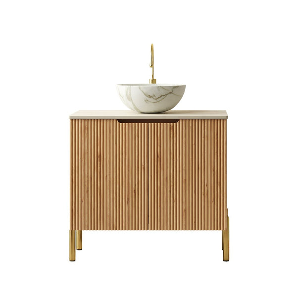 English Elm Turio Freestanding Bathroom Vanity Plywood Cabinet Sintered Stone Top Glass Basin W2615S00748