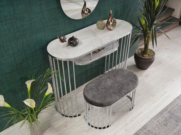 English Elm Garry Oval Fabric Ottoman with Chrome Legs — Plush Upholstery, Compact Modern Seat for Living Spaces Grey B029P333529