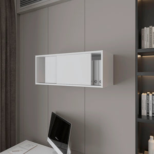 English Elm White Floating Cabinet Slim Wall-Mount Sliding Door Storage Shelf for Office Study Modern Decor 31.9" B062P252214