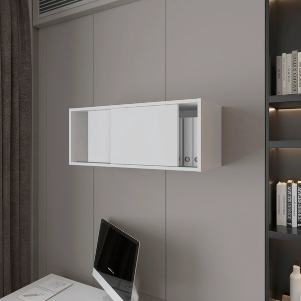 English Elm White Floating Cabinet Slim Wall-Mount Sliding Door Storage Shelf for Office Study Modern Decor 31.9" B062P252214