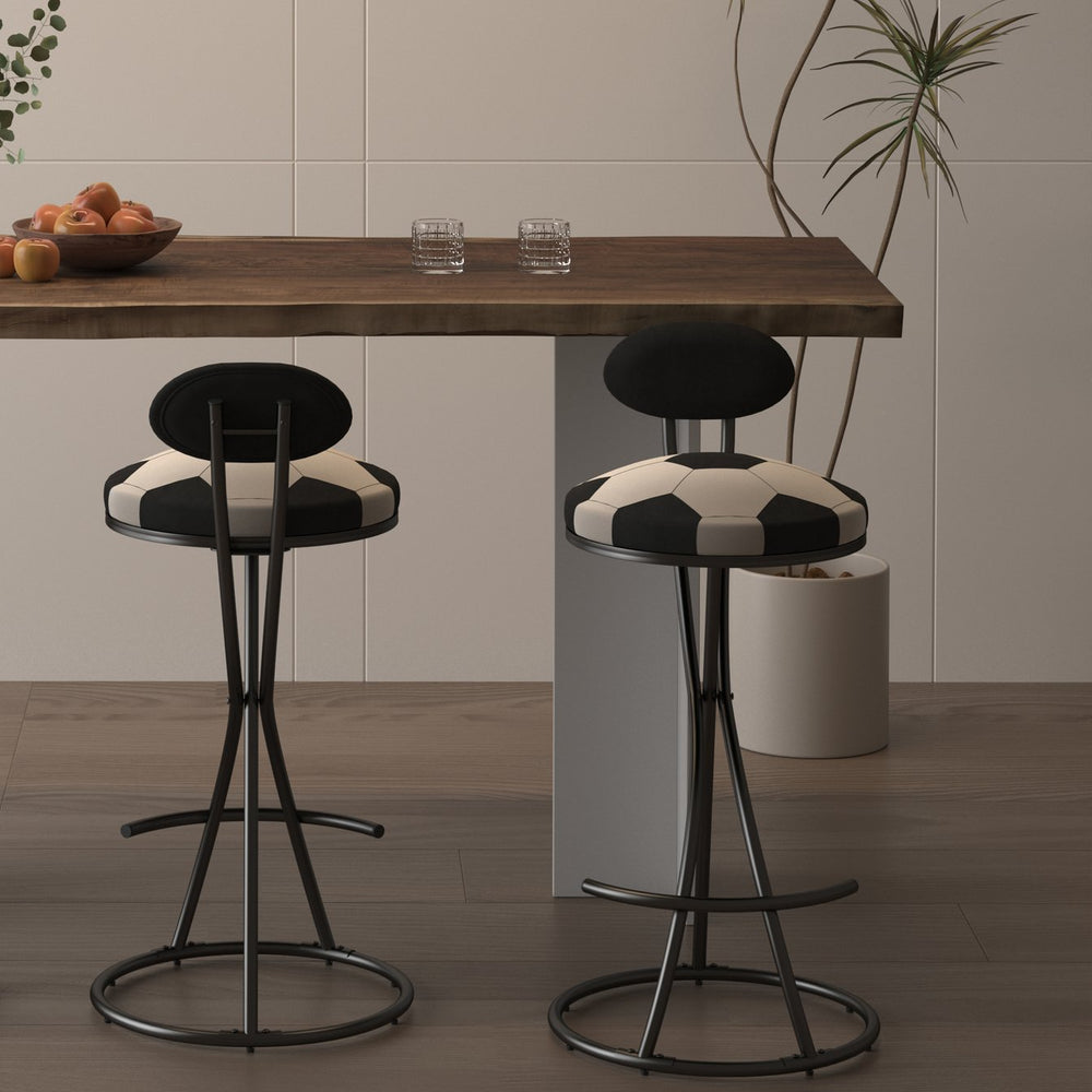 English Elm Upholstered Velvet Football Print Barstools Set of 2 — Black Metal Base, Padded Round Seat, 220lb Capacity W1757P354693