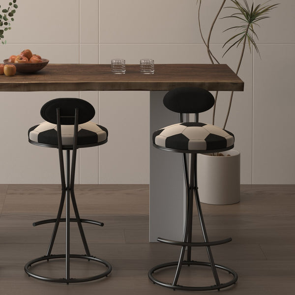 English Elm Upholstered Velvet Football Print Barstools Set of 2 — Black Metal Base, Padded Round Seat, 220lb Capacity W1757P354693