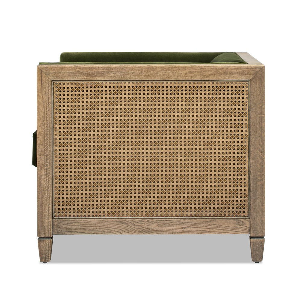 English Elm Jennifer Taylor Home - Georgia 34" Cane Rattan Tuxedo Armchair in Olive Green Performance Velvet with Oak Frame & Removable Cushion B2719P238321