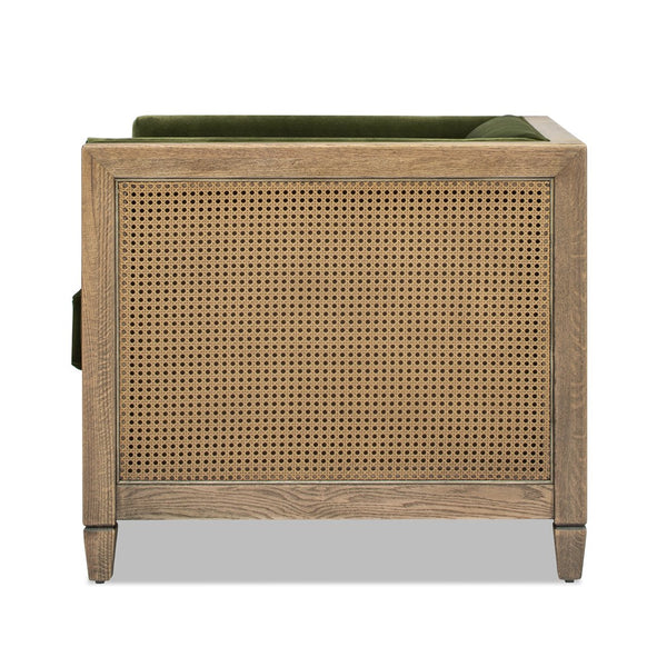 English Elm Jennifer Taylor Home - Georgia 34" Cane Rattan Tuxedo Armchair in Olive Green Performance Velvet with Oak Frame & Removable Cushion B2719P238321