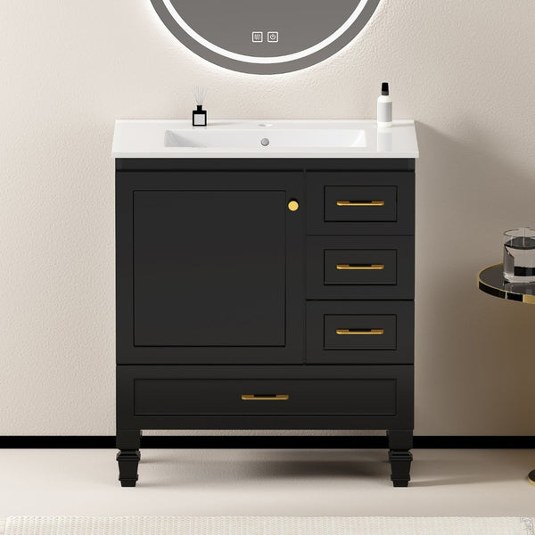 English Elm 30"black Matte Finish Bathroom Vanity with Soft Close Cabinet and Three Storage Drawers Black W3133S00018
