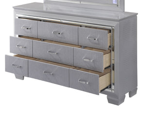 English Elm 1pc Modern Five Drawer Tall Chest with Beveled Mirror, Faux Crystal Hardware, Croc-Embossed Finish Silver 65.94 L x 20.43 W x 42.32 H B2741P326189