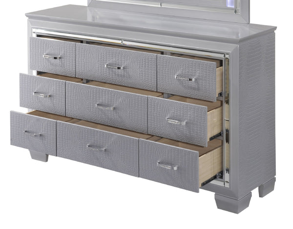 English Elm 1pc Modern Five Drawer Tall Chest with Beveled Mirror, Faux Crystal Hardware, Croc-Embossed Finish Silver 65.94 L x 20.43 W x 42.32 H B2741P326189